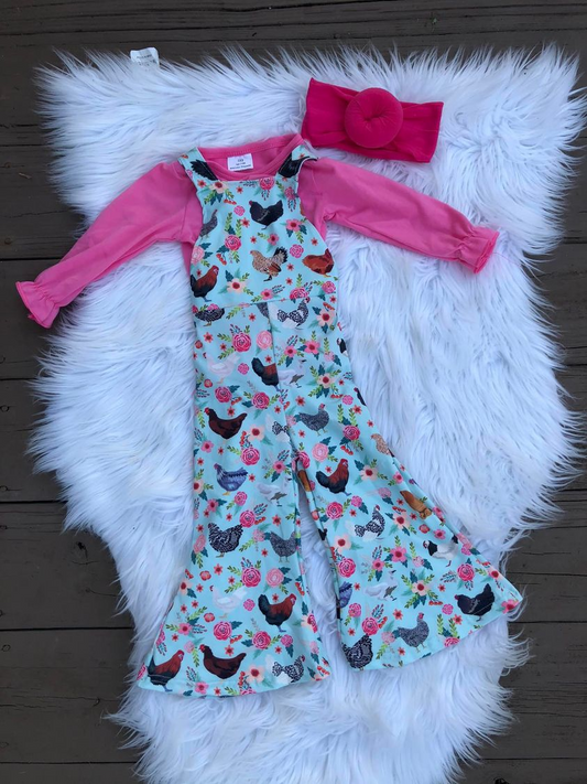 Hot Pink Top Chicken Overall Pants Set