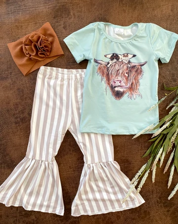 Kids Girls Short Sleeve Heifer Top and Striped Bell  Bottom Pants Outfit