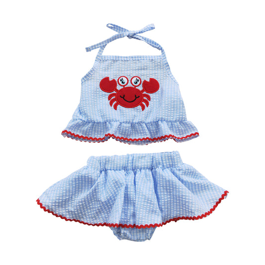 S0081 Summer Girls Embroidery Crab Seersucker Swimsuit