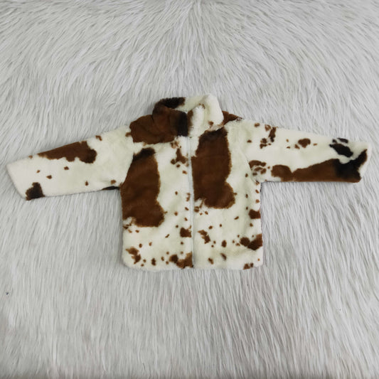 6 A30-21-2 Baby Girls Brown Cow Print Long Sleeve Faux Fur Jacket