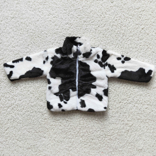 6 B0-19 Baby Girls Black Cow Print Long Sleeve Faux Fur Jacket