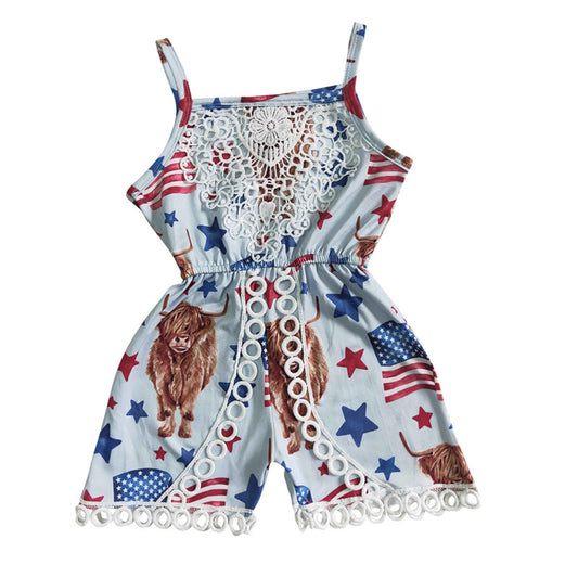 SR0053  Baby Girls Highland Cow July 4th Jumpsuit