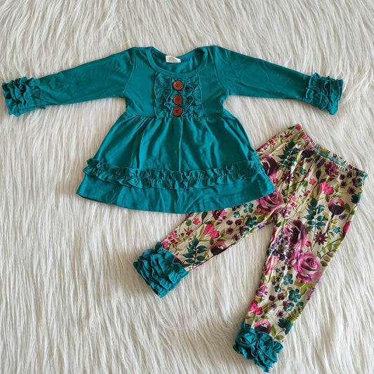 Solid Color Green Tunic Top Floral Leggings Set