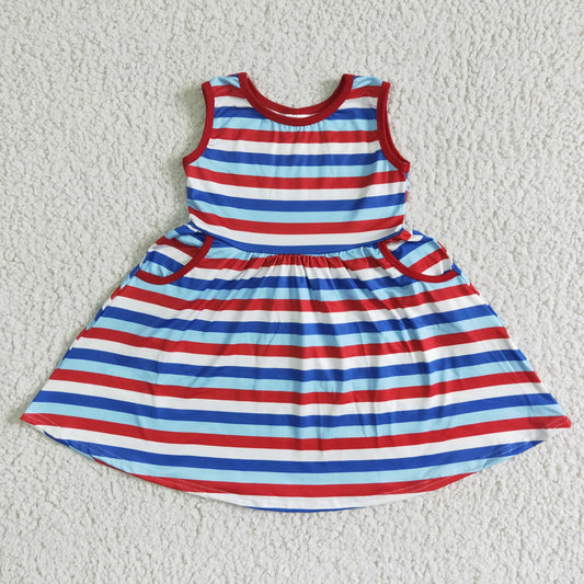 A1-13-2 4th Of July Striped Sleeveless Dress With Pocket