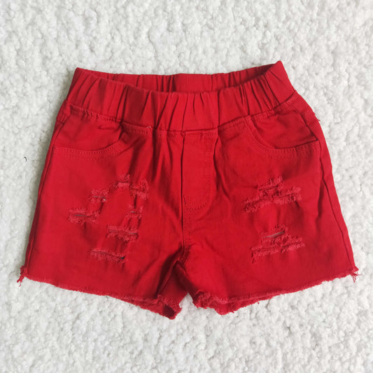 Red color elastic waist shorts