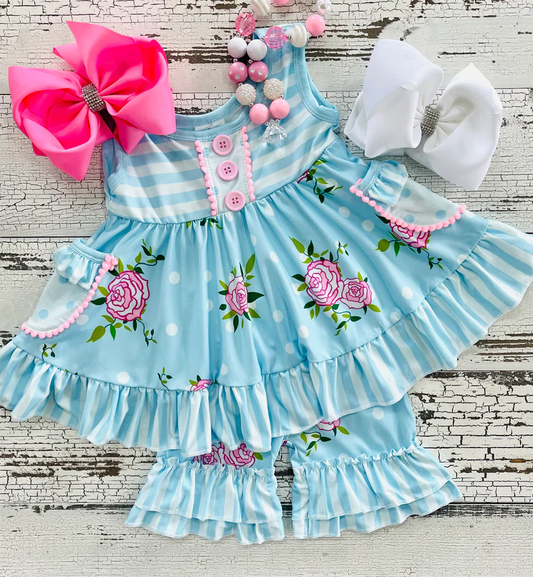 A17-2 Summer Baby Girls Vintage Blue Floral Boutique Outfit