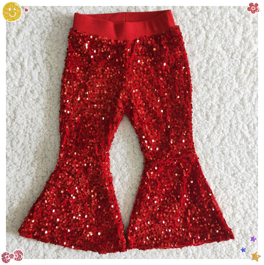 B4-11 Red  Color Sequin Bell Bottom Pants