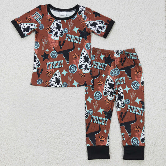 BSPO0051 Kids Boys Western  Punchy Short Sleeve Top Pants Pajamas Set