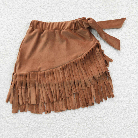 GLK0003 Kids Girls Brown Color Velvet Skirt With Tassels