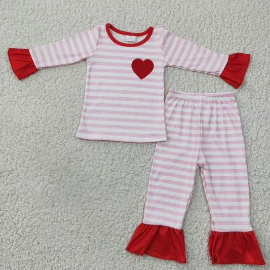GLP0383  Valentine's Day Kids Girls Embroidery Red Heart Pajamas Set