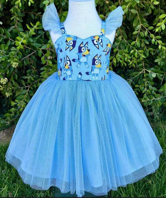 Girls Blue Tulle Dress Cute Cartoon Blue Dog Summer Dresses
