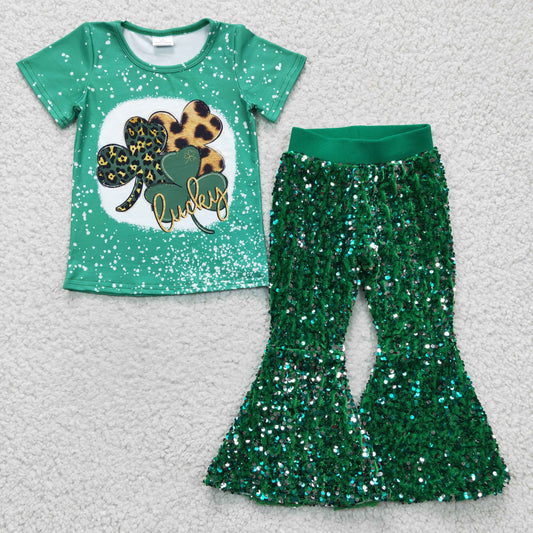 GSPO0401 St. Patrick's Day Top +Green Sequin Pants Set