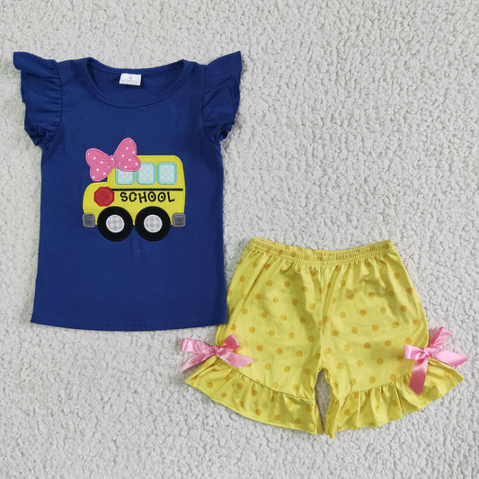 GSSO0091  Girls Back to School Bus Embroidery Outfit