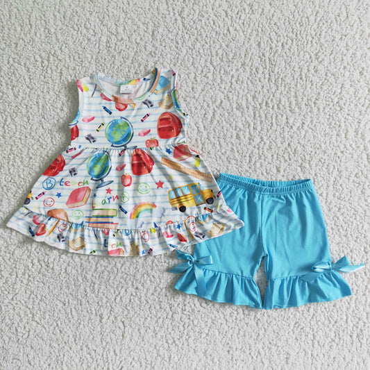 GSSO0112  Back to school tunic and blue ruffle shorts outfit