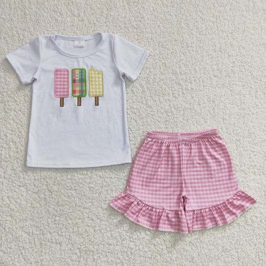 GSSO0157 Kids Girls Summer Embroidery Popsicle Outfit