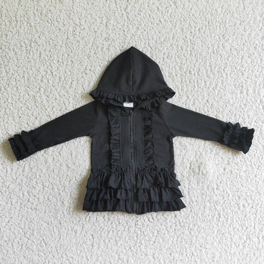 GT0016 Black Cotton Long Sleeve Ruffle Coat