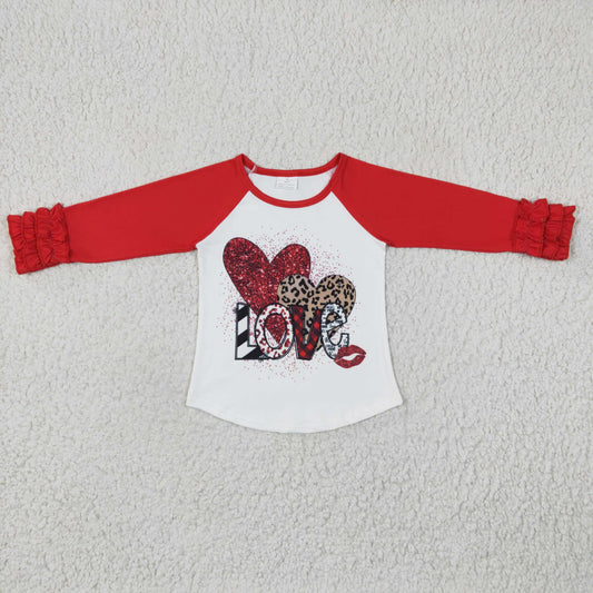 GT0072 Girls Valentine's Day Leopard Hearts Red Icing Sleeve T-shirt Top