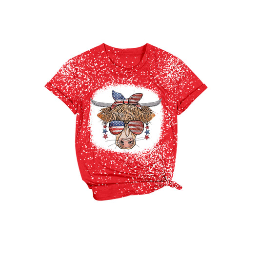 GT0114 Short Sleeve July 4th Highland Cow T-shirt Top