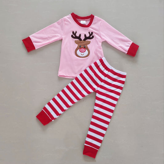 Baby Girls Embroidery  Deer Christmas Pink Pajamas Set