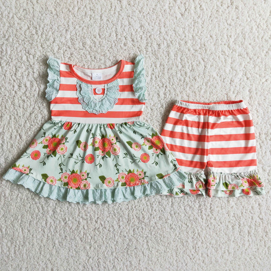 Kids Girls Summer Orange Striped Floral Vintage Outfit
