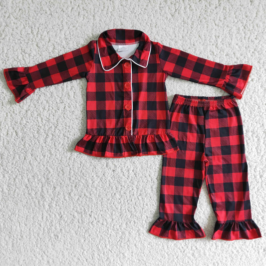 Girls Red Black Plaid Pajamas Set