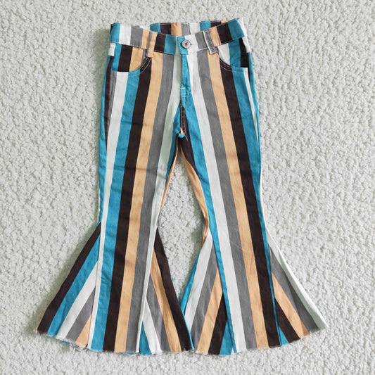 P0002 Girls New Fashion Striped Bell Bottom Denim Pants