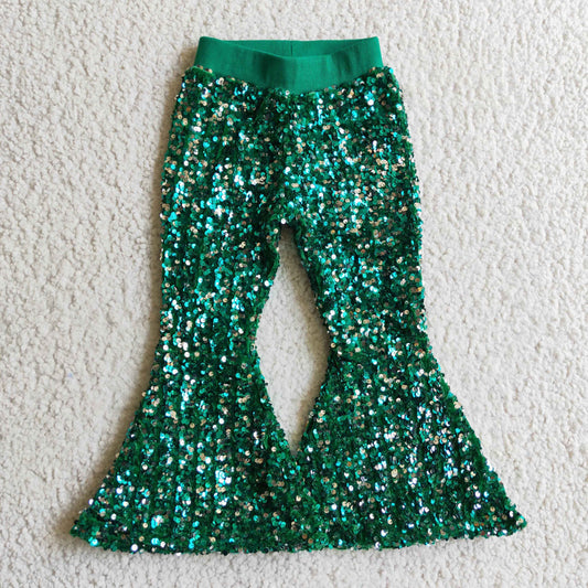 P0033 Green Color Sequin Bell Bottom Pants