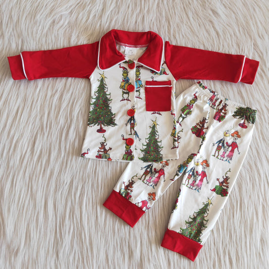 Boys Christmas White Pajamas Set With Pocket