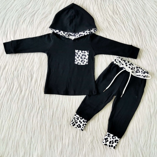 Black White Cheetah Hoodie Top  Set With Pocket
