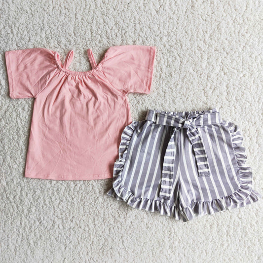 Summer Pink Top Grey Striped Shorts Set