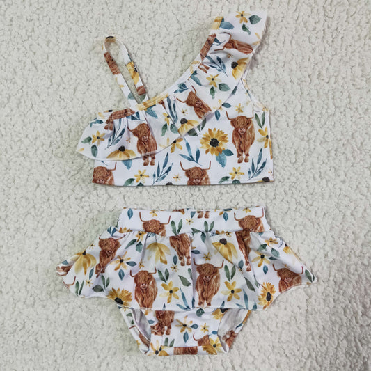 S0025 Girls Summer Highland Cow Yellow Floral Swimsuit
