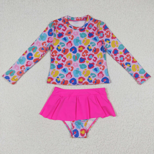 S0062 Girls Colorful Leopard Long Sleeve Two Piece Swimsuit