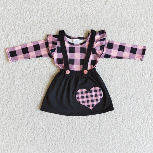 Valentine's Day Pink Black Plaid Heart Skirt Set