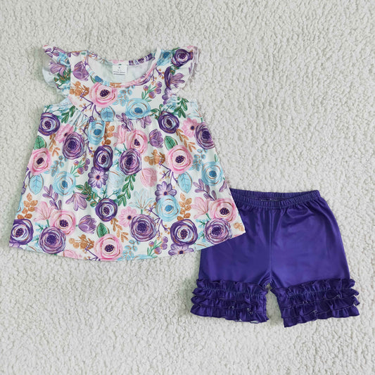 B17-27 Kids Girls Summer  Purple Floral Tunic Top Icing Shorts Outfit