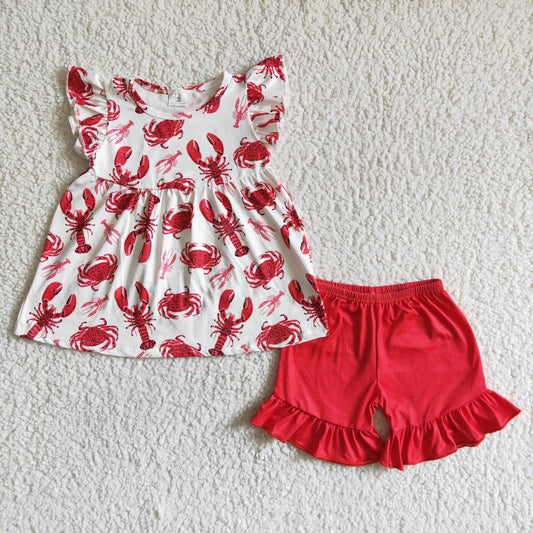C0-27 Summer Baby Girls Crayfish Red Ruffle Shorts Outfit