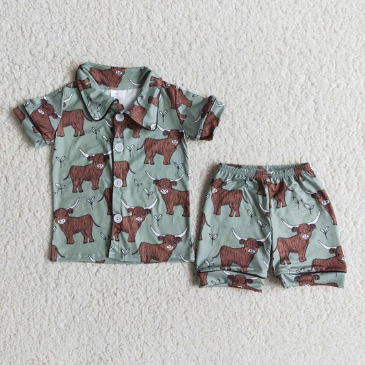 E14-1 Boys Summer Highland Cow Pajamas Set