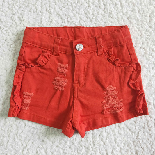SS0010 Summer Girls Watermelon Red Denim Shorts With Ruffle