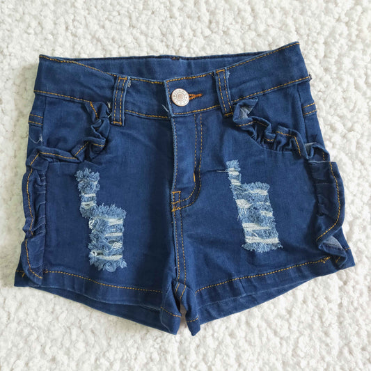 SS0014 Summer Girls Fashion Dark Blue Denim Shorts With Ruffle
