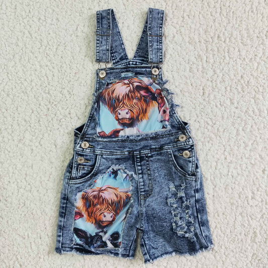 SS0023 Highland Cow Denim Overall Shorts