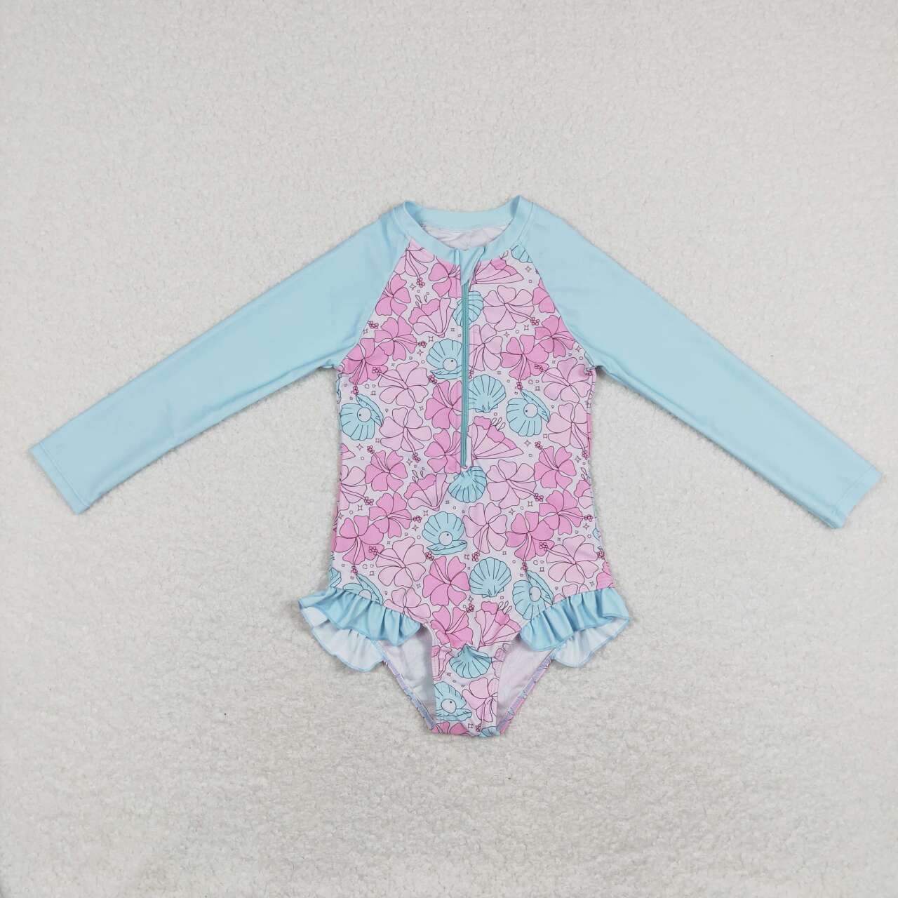 S0083 Kids Girls Long Sleeve Flower Swimsuit