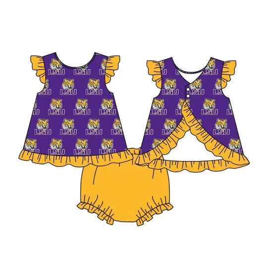 LSU baby clothes team purple fly sleeve yellow briefs girls summer sets 3 MOQ