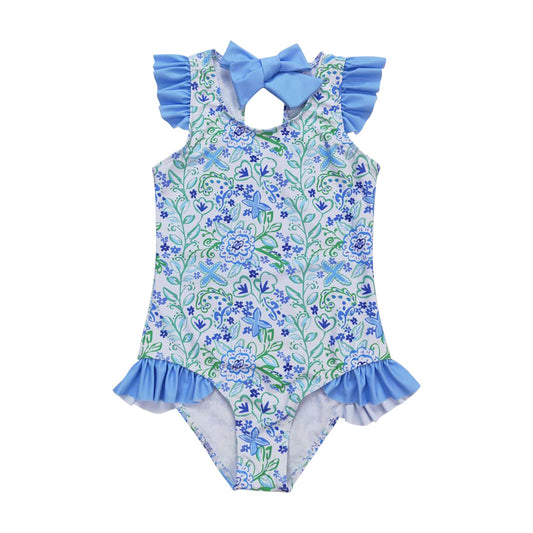 S0278 Baby Girls Summer Blue Floral Swimsuit