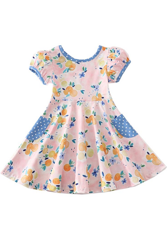 5 MOQ  Baby Girls Peach Print Short Sleeve Dress