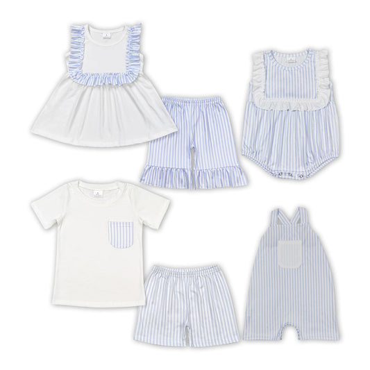 Summer Sibling Boys Girls Blue Striped Outfit and Romper