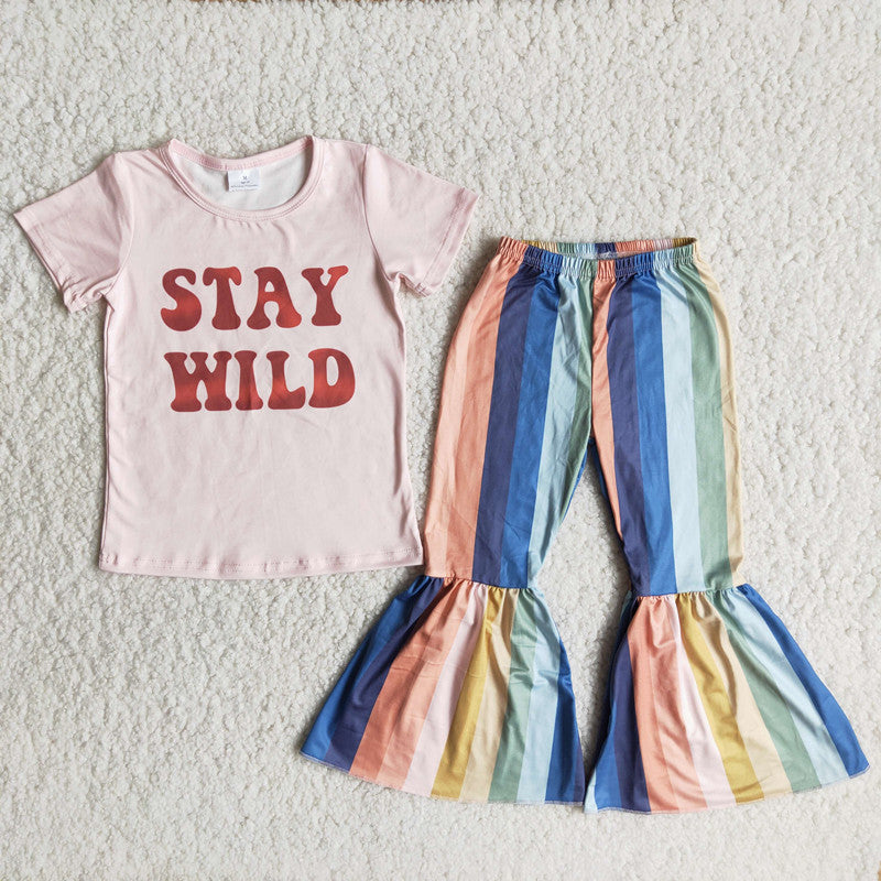 Stay Wild Outfit Pink top and Striped Bell Bottom Pants Set