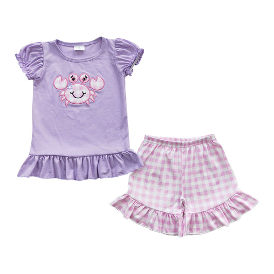 GSSO0135 Summer Girls Purple Embroidery Crab Shorts Set