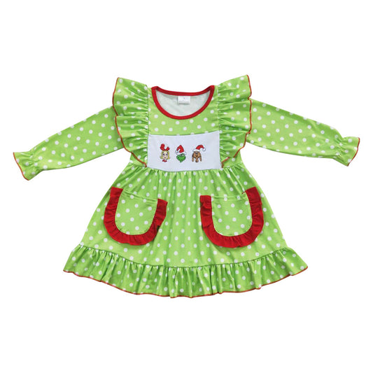 GLD0217 Kids Girls Christmas Green Face Embroidery Dress