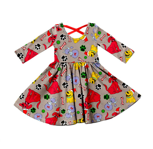 Christmas Dog Print Kids Girls Dress Custom Design 5 MOQ