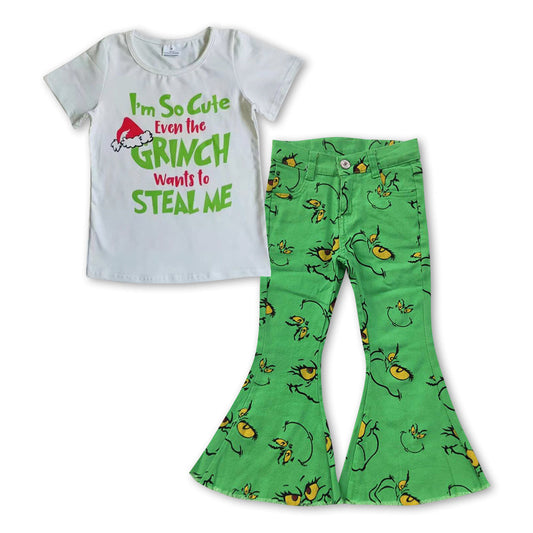 GSPO0958 Baby Girls Christmas Green Face Top and Green Denim Bell Pants Outfit Pre-order