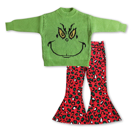 GLP0946 Baby Girls Christmas Green Face Sweater and Red Leopard Denim Pants Outfit